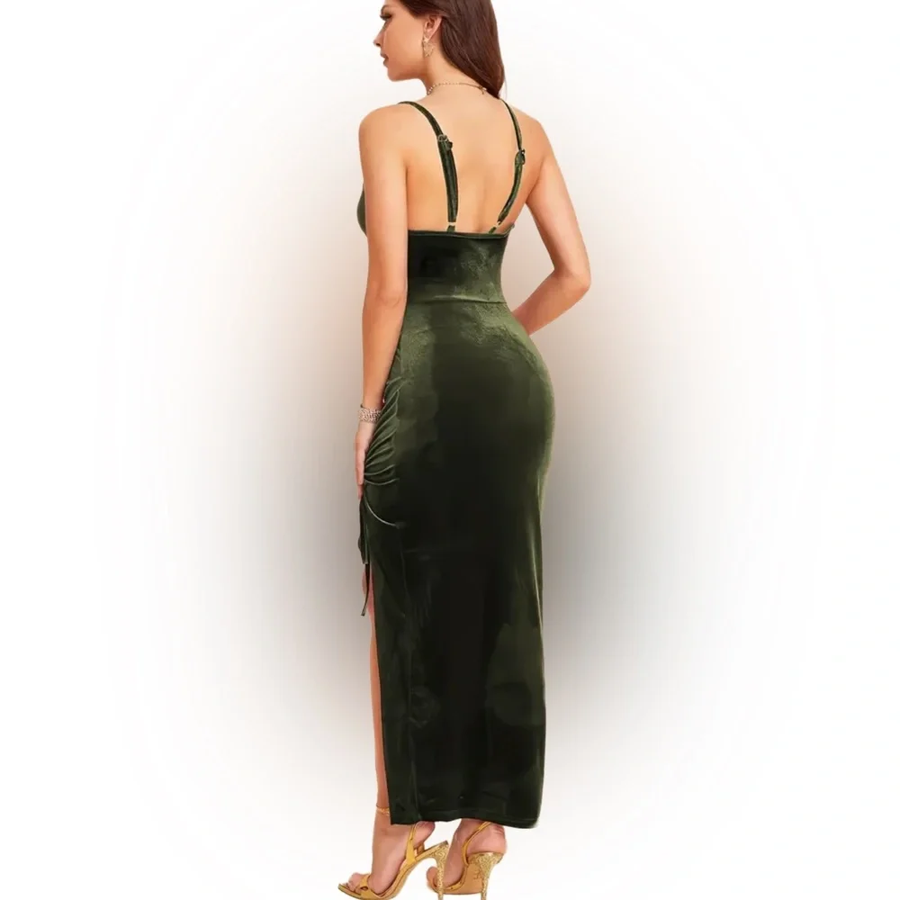 Army Green Velvet Ruched Bodycon Maxi Dress - Picture 4 of 5